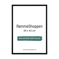 Sort aluramme, refleksfri, blank, smal, 30 x 42 cm, A3, Type 9017